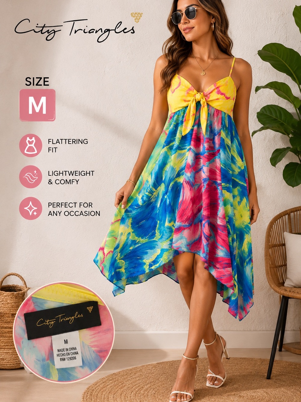 City Triangles Yellow Tie-Front Multicolor Floral Handkerchief Dress